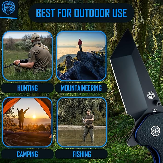 Holtzman's Gorilla Survival 'Patriot' Folding Knife featuring D2 Steel Blade with G10 Handle in Gift Box Set (Black+Blue)