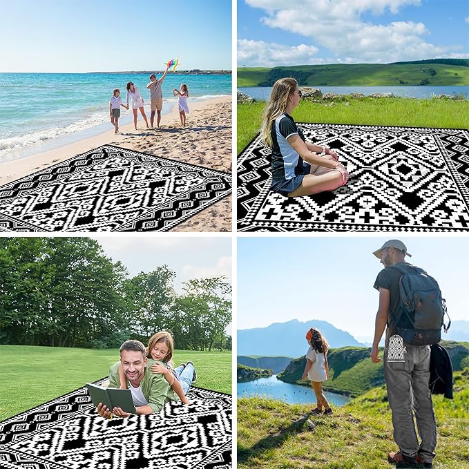 Beach Blanket Waterproof Sandproof, 78''×86'' Large Beach Mat for 2-4 Adults with Stakes and Sand Pocket, Moroccan Outdoor Picnic Blanket for Travel, Camping, Hiking, Beach Essentials