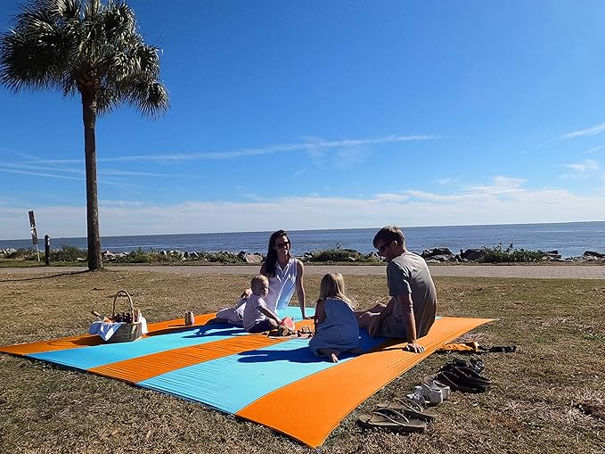Premium XXL Beach Blanket Sandproof Water Resistant Quick Dry Mat 10ft by 9ft for 1-8 Adults with 4 Metal Stakes, 4 Corner Pockets, Secure Clip and Strap, and Attached Bag
