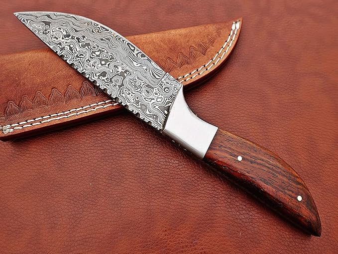 9.5" Walnut Wood Scale with Steel Bolster Skinning Knife, Full Tang Blade Rain Drop Pattern Straight Back Hand Forged Damascus Steel, Cow Leather Sheath (Brown) (Brown)
