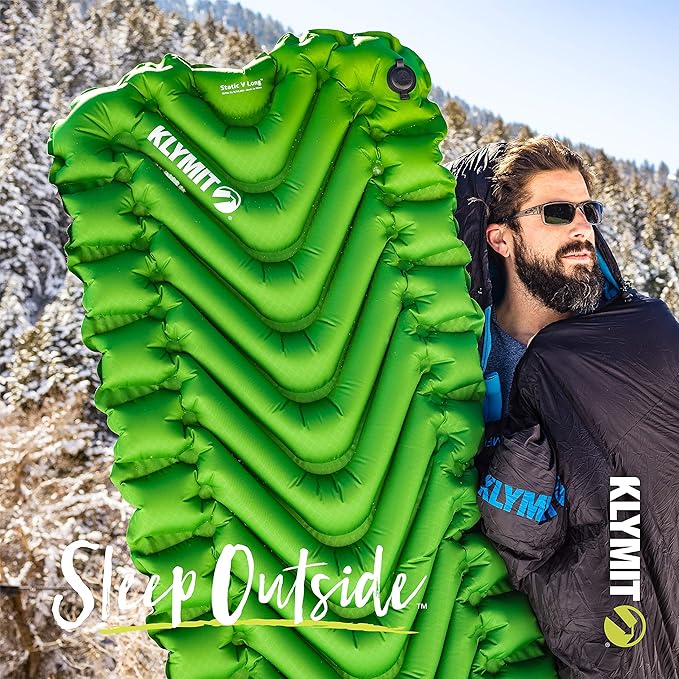 Klymit Static V Long Inflatable Sleeping Pad for Camping, Lightweight Hiking and Backpacking Air Bed For Tall Campers, 2.5 Inch Thick, Green