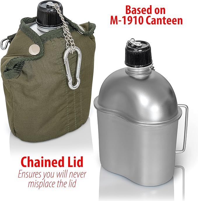 Maxam 32 Ounce Aluminum Military Canteen with Cup & Cover - Stainless Steel Water Bottle for Hiking, Camping, Backpacking