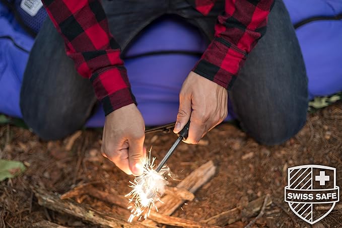 Swiss Safe 5-in-1 Fire Starter with Compass, Paracord and Whistle (2-Pack) for Emergency Survival Kits, Camping, Hiking, All-Weather Magnesium Ferro Rod