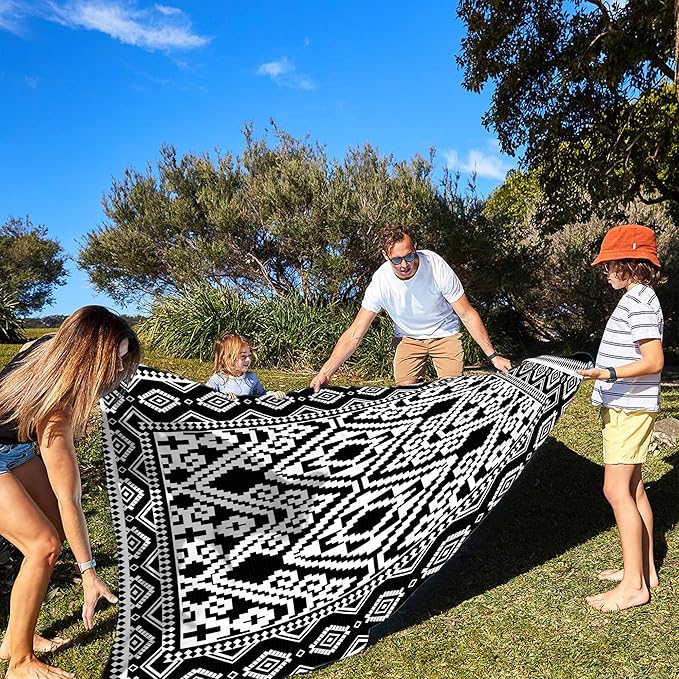 Beach Blanket Waterproof Sandproof, 78''×86'' Large Beach Mat for 2-4 Adults with Stakes and Sand Pocket, Moroccan Outdoor Picnic Blanket for Travel, Camping, Hiking, Beach Essentials