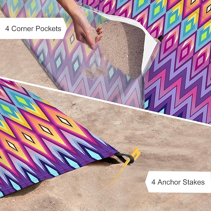 Large Oversized Beach Blanket, Sandproof Waterproof Beach Mat for 4-6 People with 4 Stakes, Polyester Lightweight Picnic Blanket Beach Accessories for Outdoor Travel Camping Hiking
