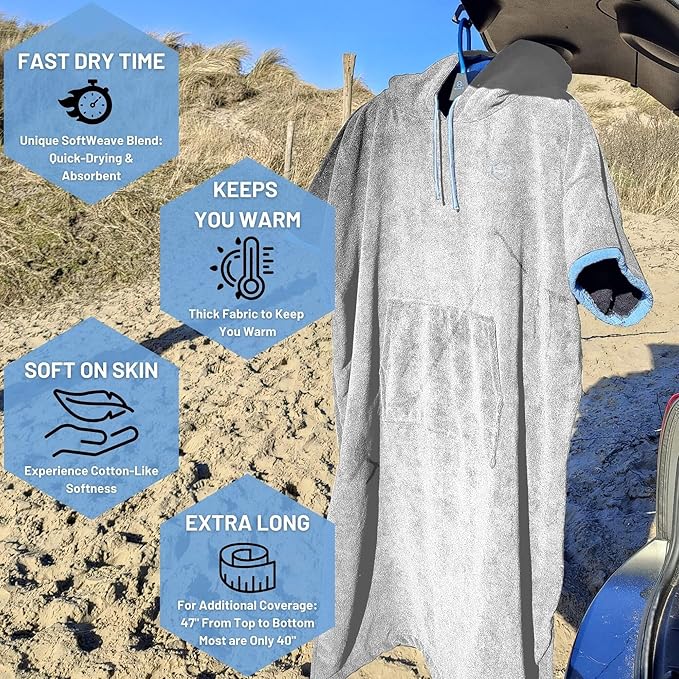 Hang 11' Surf Poncho - Surf Changing Poncho with Front Pocket, Changing Towel Poncho Adult, Swim Poncho Towel, Hooded Towel Adult, Beach Poncho, Wearable Towel, Beach Changing Poncho