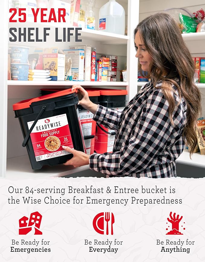 READYWISE 84-Serving Breakfast & Entrée Emergency Food Bucket, Premade Freeze Dried Meals for Camping, Hiking, 25 Year Shelf Life