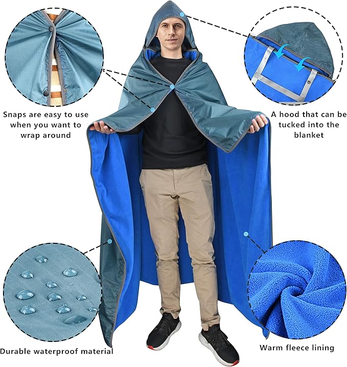 Catalonia Waterproof Blanket for Outdoor, Hooded Blanket Poncho, Windproof, Warm for Stadium,Sporting Events, Camping