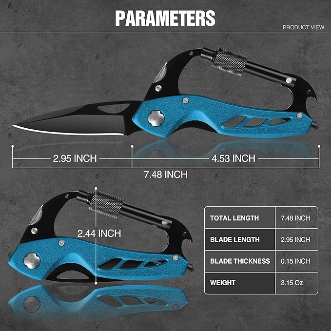 Multitool Carabiner with Pocket Knife, EDC Carabiners Keychain with Bottle Opener, Window Breaker Folding Knives and Screwdriver, Survival Gear for Outdoor Camping Hiking for Men