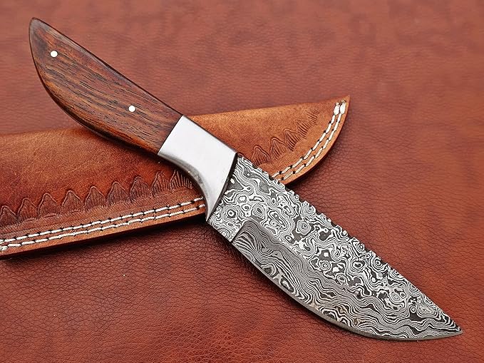 9.5" Walnut Wood Scale with Steel Bolster Skinning Knife, Full Tang Blade Rain Drop Pattern Straight Back Hand Forged Damascus Steel, Cow Leather Sheath (Brown) (Brown)