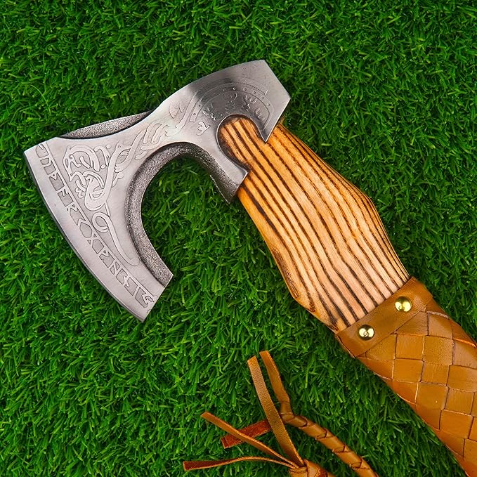 H&A CRAFTS® Viking Axe The Ragnar Lothbrok Real, and Custom Crafted with Leather Sheath Carbon Steel Camping Hatchet Personalized Gifts for Men (Runes Viking Axe)