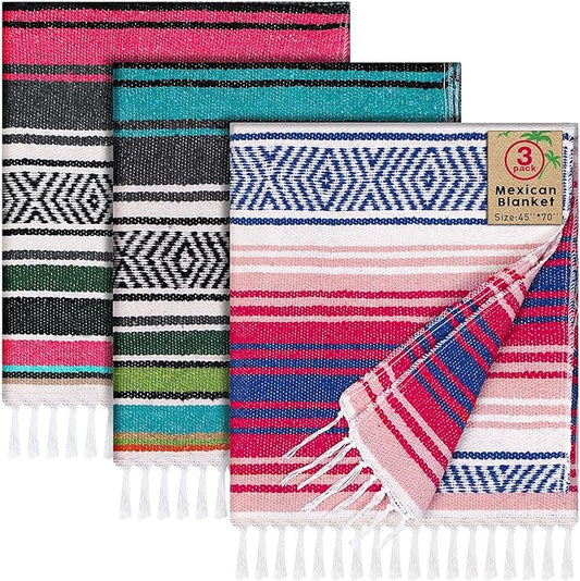 Oudain Mexican Blankets and Throws 45 x 70 Inch, Cotton Outdoor Camping Blanket Woven Serape Yoga Blanket Fiesta Picnic Beach Blankets(Classic Color, 3 Pack)