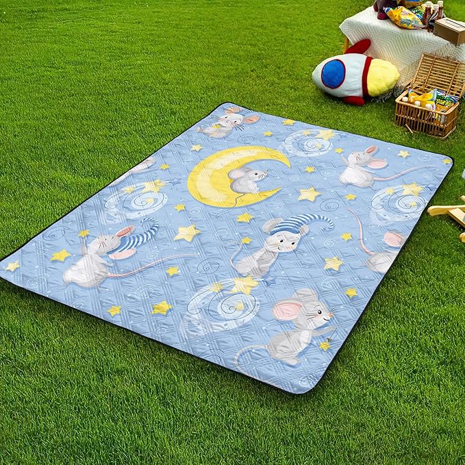 BSNTHO Cute Mouse Outdoor Picnic Blankets Sleeping Stars Waterproof Picnic Blankets 60x80 Inches Large Sandproof Beach Blanket Foldable Outdoor Blanket for Camping on Grass Picnic Mat