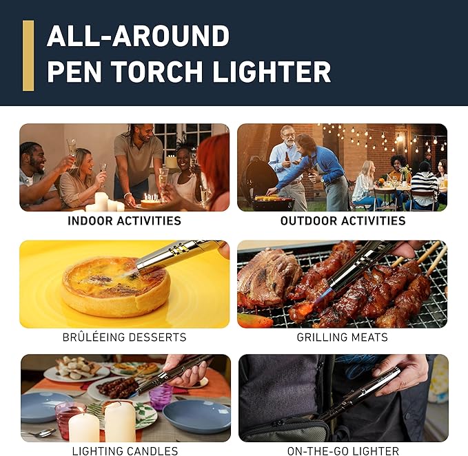 Pen Torch Lighter - Refillable Single Flame Butane Torch Lighter for Candle, & Cooking w/Adjustable Flame & Ignition Lock - Luxurious Handheld Camping Lighter & Gift Box by inZaynity - Black & Steel