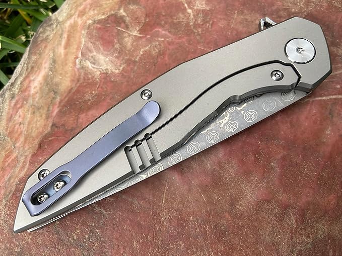 TACTICAL GEARZ Damascus Pocket Folding Knife for EDC! Titanium Handle! 67 Multi-Layered Damascus Steel Blade w/VG10 Core! (Volan XT)