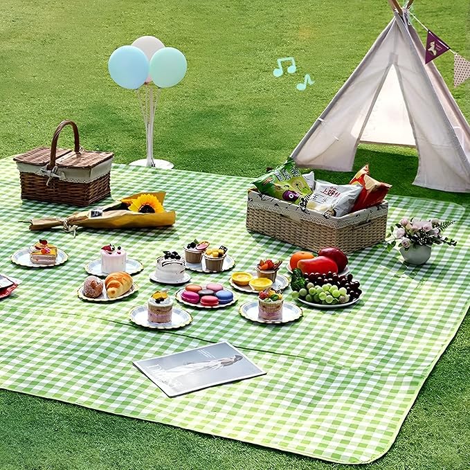 YU FENG Green Picnic Blanket Gingham Foldable Camping Blankets Waterproof Sandproof Outdoor Beach Mat Lightweight Handbag Spring Summer (60x80 inch)