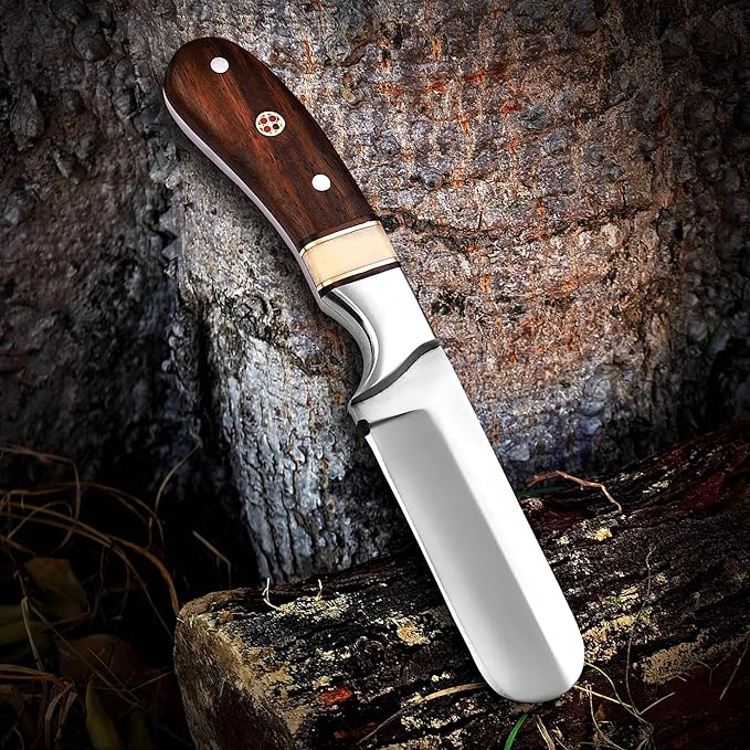Handmade 1095 High Carbon Steel Bull Cutter Knife with Pancake Leather Sheath, Fixed Blade Cowboy Knife with walnut wood/Bone Handle, Utility Knife, EDC Hunting knife (Walnut Wood)
