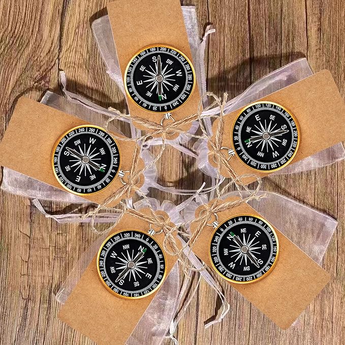 50 Sets Mini Compass Favors-Joyfulmap Compass Favors with Kraft Tags and Drawstring,Mini Compass Decorations for Weddings-Travel-Nautical-Birthday Themed Party Decorations(Golden)