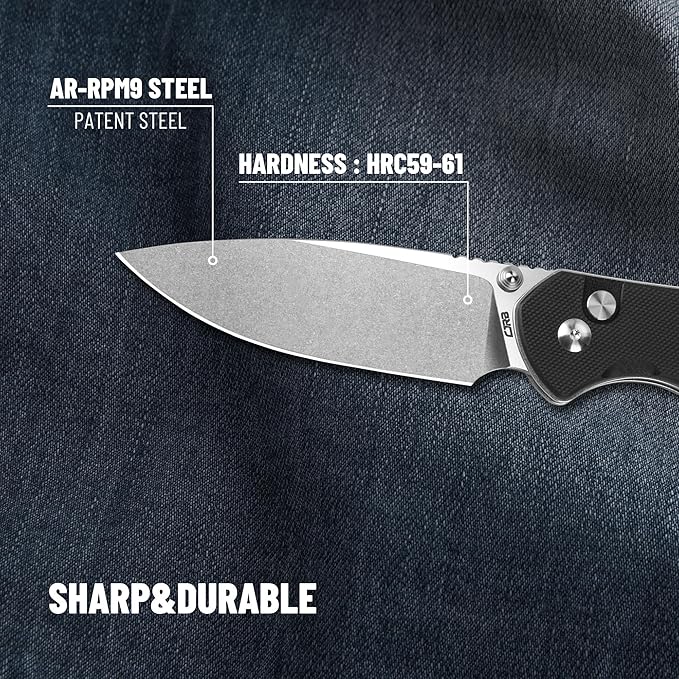 CJRB CUTLERY Pocket Knife Pyrite (J1925L) Button Lock EDC Large Foldable Knife AR-RPM9 Steel Blade and G10 Handle Black Outdoor for Women Men for Gifts