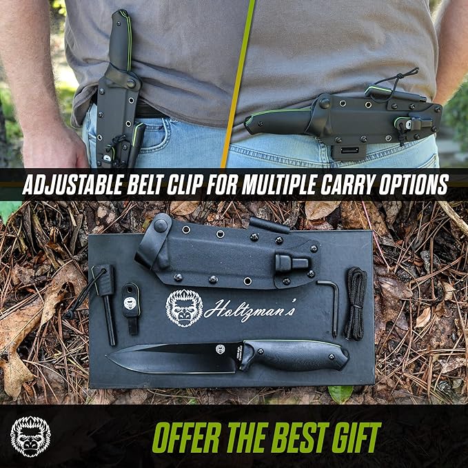 Holtzman's Gorilla Survival 'Fireline' Fixed Blade Hunting Knife with Sheath, Fire Starter Scraper & Paracord (Green)