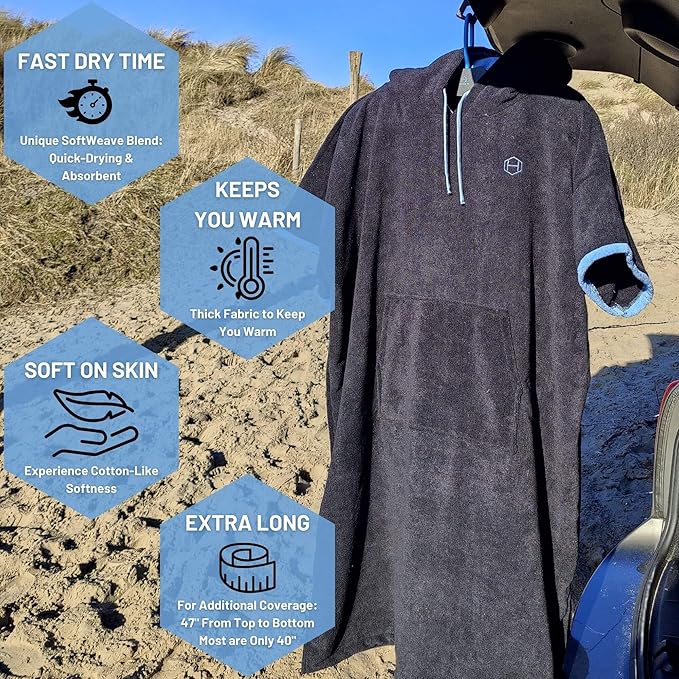 Hang 11' Surf Poncho - Surf Changing Poncho with Front Pocket, Changing Towel Poncho Adult, Swim Poncho Towel, Hooded Towel Adult, Beach Poncho, Wearable Towel, Beach Changing Poncho