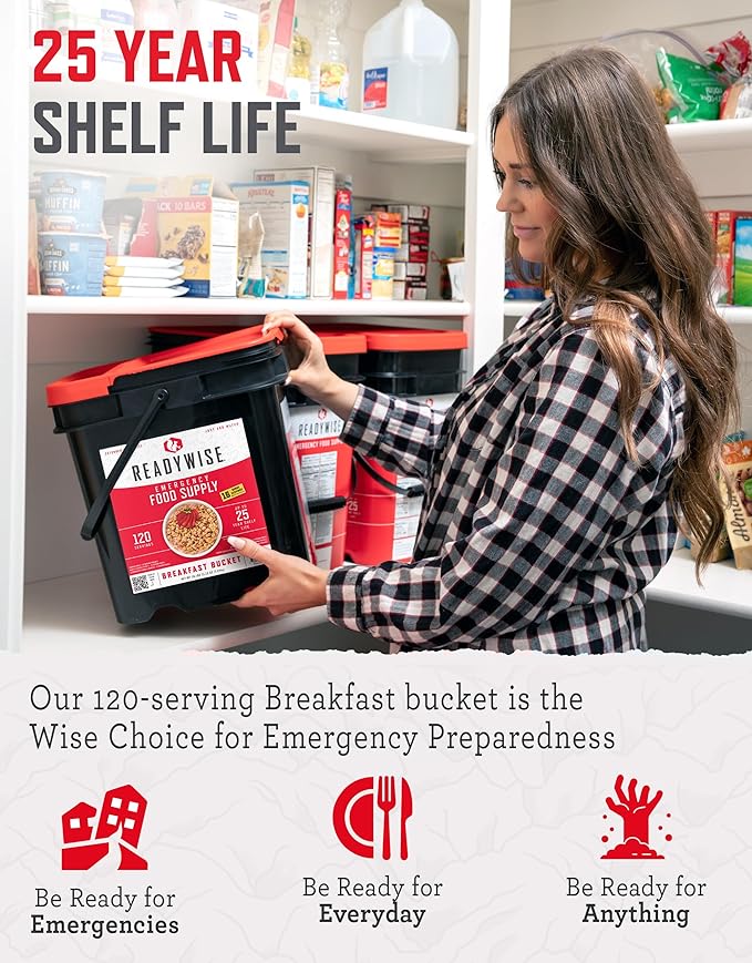 READYWISE - Breakfast Bucket, 120 Servings, Emergency, MRE Meal, Food Supply, Premade, Freeze Dried Survival Food for Hiking, Adventure & Camping Essentials, Individually Packaged, 25 Year Shelf Life
