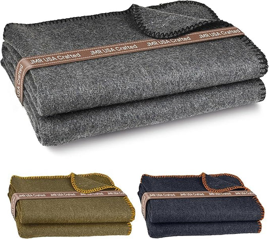 JMR Wool Camping Blanket - Warm Heavy Car Blanket & Camp Quilt - Survival Emergency Blanket for Sleeping Outdoors - Multi-Use Wool Blanket for Camping, Car & Home - 80% Wool, Grey, 66X90