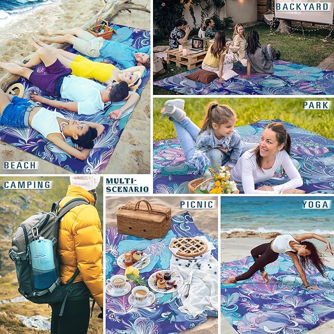 Beach Blanket Sandproof Waterproof 78''×81''1-5Adults Oversized,Compact Lightweight Durable Beach Mat for Travel Camping Hiking Picnic Blanket
