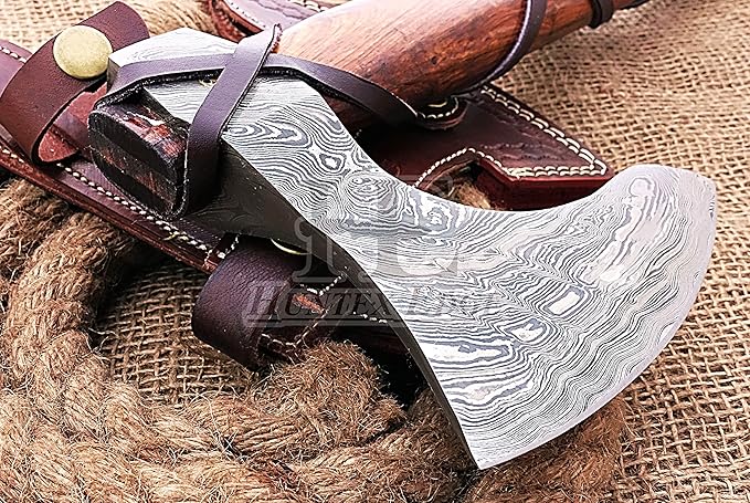 HUNTEX Unique Custom Hand-Forged Twist Pattern Damascus Steel 21 Inch Long Walnut Wood Leather Wrapped Handle Full Tang Razor Sharp Hunting Camping Hiking Godzilla Axe with Genuine Leather Sheath