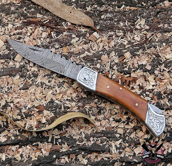 Capra Knives CK-52 Handcrafted Folding Engraved Brass Pocket Knife 4” Folded, 7.25” Long Overall, 4.5oz Olive Wood Handle, Damascus Blade with Leather Sheath