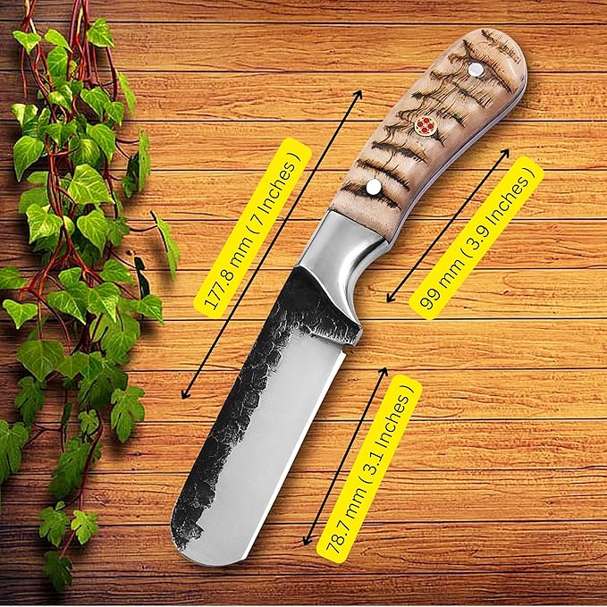 Handmade 1095 High Carbon Steel Bull Cutter Knife with Leather Sheath, Fixed Blade Cowboy Knife with Ram Horn Handle, Utility Knife, EDC Hunting, Outdoor - Camping (Ram Horn)