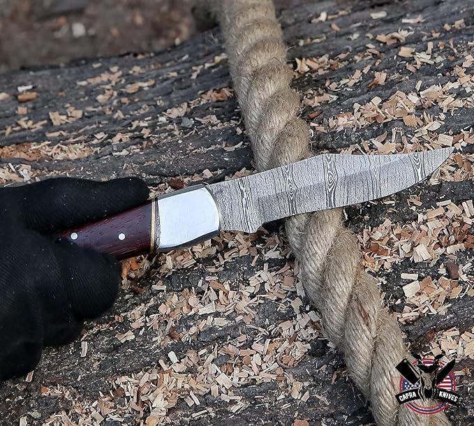 Capra Knives CK-41 Handcrafted Folding Pocket Knife 5” Folded, 9” Long Overall, 8oz Padauk Wood Handle, Damascus Blade with Leather Sheath