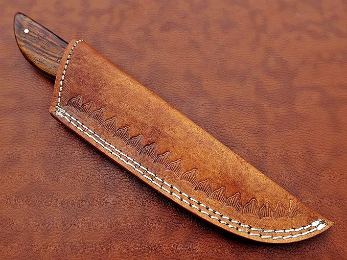 9.5" Walnut Wood Scale with Steel Bolster Skinning Knife, Full Tang Blade Rain Drop Pattern Straight Back Hand Forged Damascus Steel, Cow Leather Sheath (Brown) (Brown)