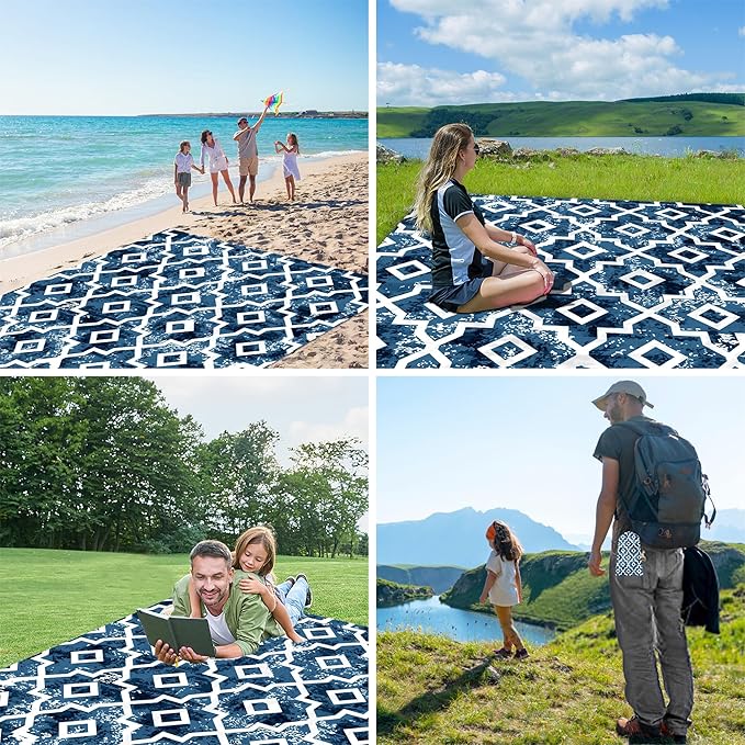 Beach Blanket Sandproof Waterproof, Large 78"×86" Boho Moroccan Beach Mat Fits Up to 4 Adult, Sand Free Quick Dry Outdoor Picnic Blanket with Stakes for Travel, Camping, Hiking