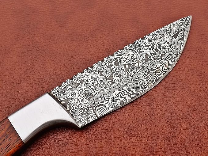 9.5" Walnut Wood Scale with Steel Bolster Skinning Knife, Full Tang Blade Rain Drop Pattern Straight Back Hand Forged Damascus Steel, Cow Leather Sheath (Brown) (Brown)
