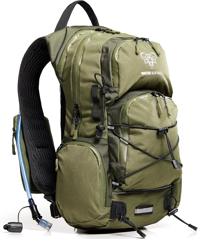 Water Buffalo Hydration Backpack - Sherpa 22L Hiking Backpack with Water Bladder - Water Backpack for Hiking with Waterproof Zippers, Phone & Pole Holders