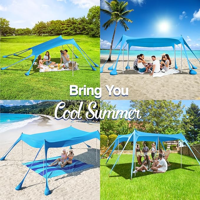 Rhino Valley Beach Tent Sun Shelter, Beach Canopy Tent Sun Shade UPF50+ Protection with 8 Sandbags 4 Stability Poles, Outdoor Beach Shade Canopy for Beach, Camping, Fishing