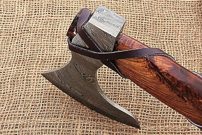 HUNTEX Unique Custom Hand-Forged Twist Pattern Damascus Steel 21 Inch Long Walnut Wood Leather Wrapped Handle Full Tang Razor Sharp Hunting Camping Hiking Godzilla Axe with Genuine Leather Sheath