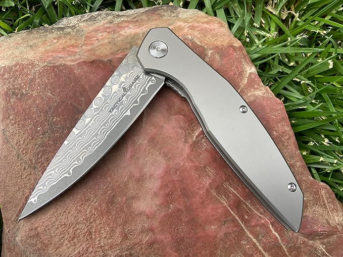 TACTICAL GEARZ Damascus Pocket Folding Knife for EDC! Titanium Handle! 67 Multi-Layered Damascus Steel Blade w/VG10 Core! (Volan XT)