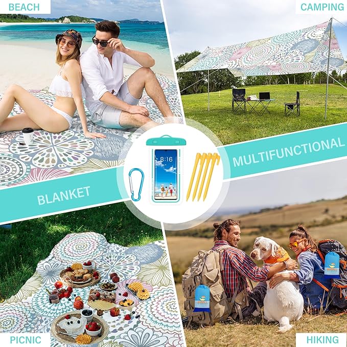 BYDOLL Beach Blanket Sandproof Waterproof 78''×81'' 1-4 Adults Compact Lightweight Oversized Beach Blanket Large Picnic Mat Beach Blanket for Travel Camping Hiking Picnic