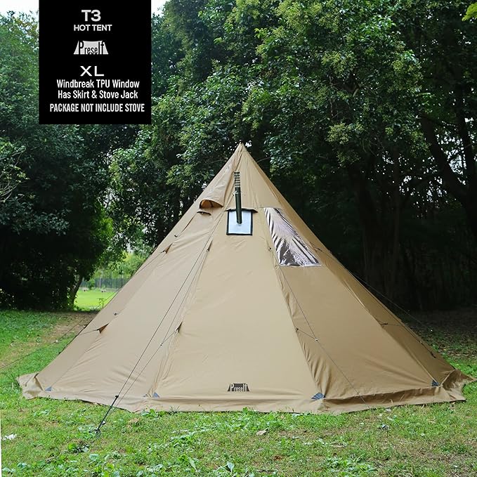 Preself 4~6 Person Tipi Hot Tent T3 XL with Screen Window, Height 8' 6" 2.6m, Diameter 15' 4.6m, for Wood Buring Stove Bushcraft Family Camping Hunting Fishing