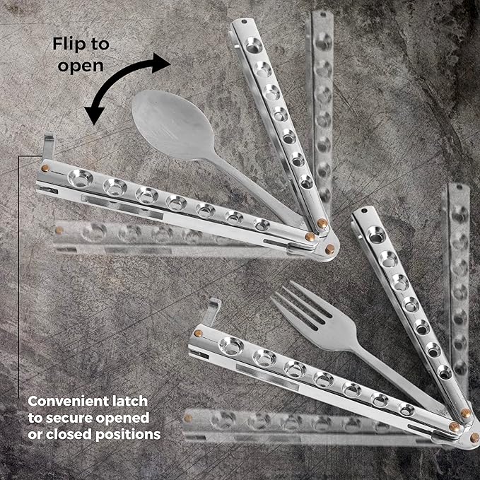 Caliber Gourmet Tactical Stainless Steel Folding Butterfly Knife Style Utensil, Fork, Spoon, Bottle Opener, Camping Hiking Kitchen BBQ Grill Picnic Flatware Utensil (Fork + Spoon), Christmas Gift