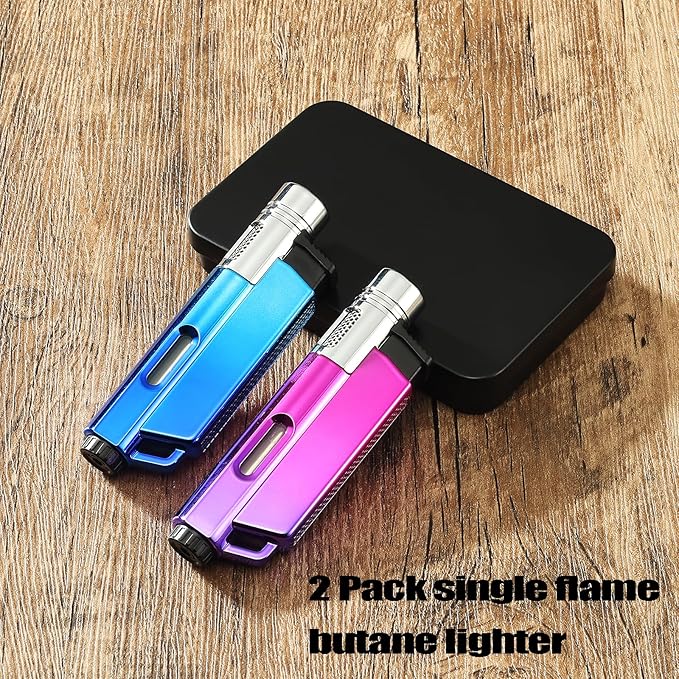 Yeuligo 2 Pack Butane Torch Lighters with Keyhole, Pocket Lighter with Visible Window, Adjustable and Refillable Gas Lighter for Candle Kitchen Fireplace Fireworks, Without Gas(Gradient Blue+Purple)