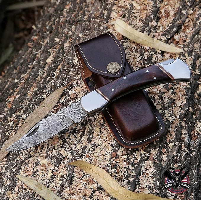 Capra Knives CK-42 Handcrafted Folding Pocket Knife 5” Folded, 9” Long Overall, 8oz Rose Wood Handle, Damascus Blade with Leather Sheath