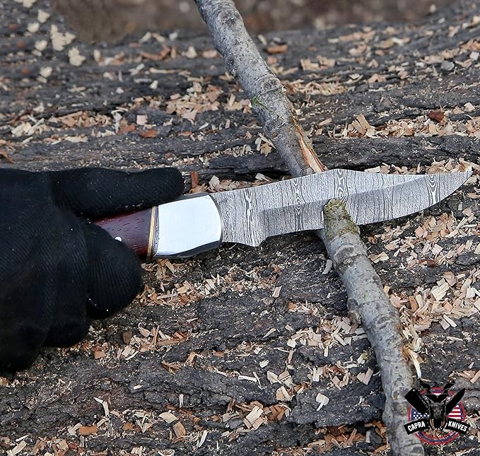 Capra Knives CK-41 Handcrafted Folding Pocket Knife 5” Folded, 9” Long Overall, 8oz Padauk Wood Handle, Damascus Blade with Leather Sheath