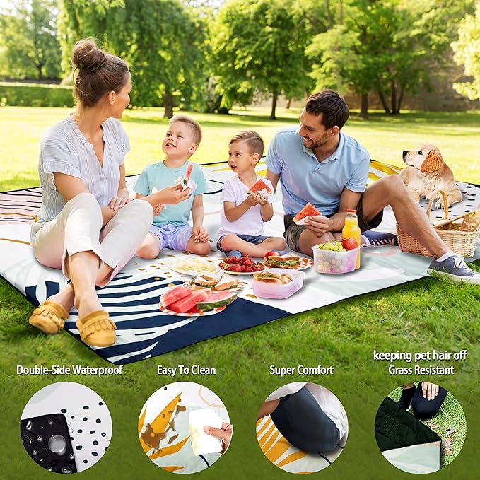 Picnic Blankets Beach Blanket 80" X 60" Extra Large Waterproof Camping Blankets Portable Outdoor Mat 3-Layer blanket for Beach, Hiking, Park, Music Festival, Grass Lawn,Travel