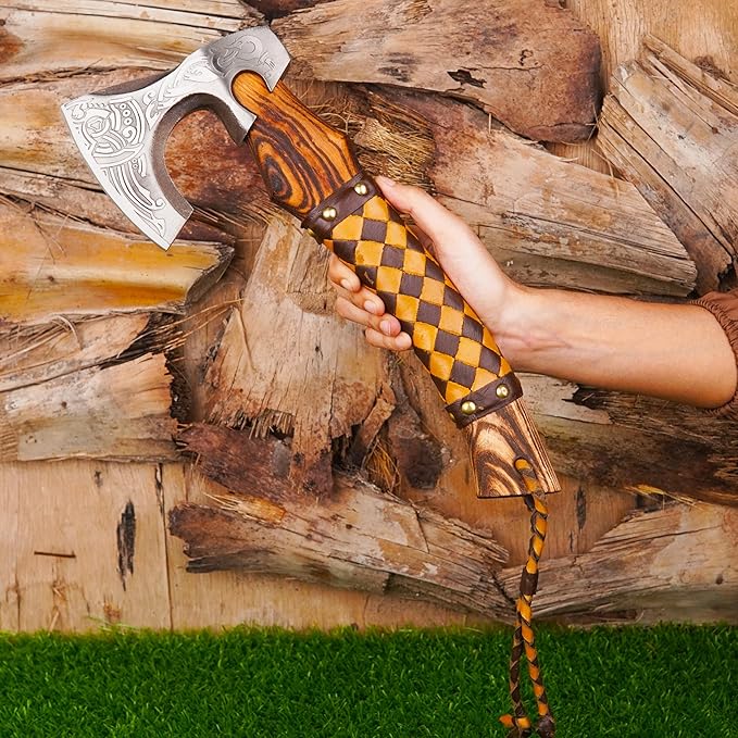 H&A CRAFTS® Viking Axe The Ragnar Lothbrok Real, and Custom Crafted with Leather Sheath Carbon Steel Camping Hatchet Personalized Gifts for Men (Odin's Viking Axe Small)