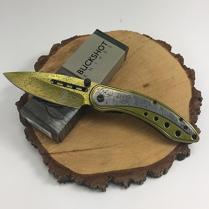 Buckshot Knives Thumb Open Spring Assisted Color Damascus Etched Stainless Steel Handle W/Damascus Etched Blade Pocket Knife (PBK207GD)