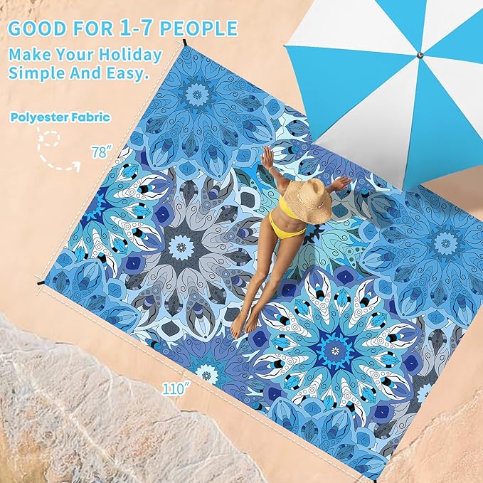 BYDOLL Beach Blanket Sandproof Waterproof 78''×110'' 1-7 Adults Compact Lightweight Oversized Beach Blanket Large Picnic Mat Beach Blanket for Travel Camping Hiking Picnic