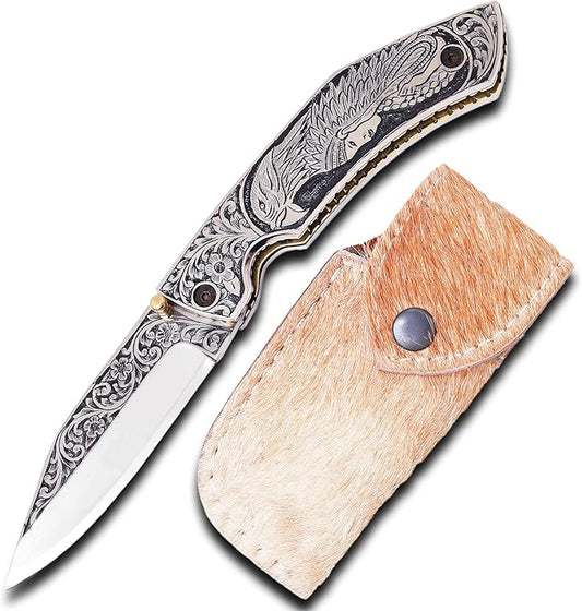 FOL-3153 Premium Hand Engraved Folding Pocket Knife Durable D2 Steel Hunting Knife